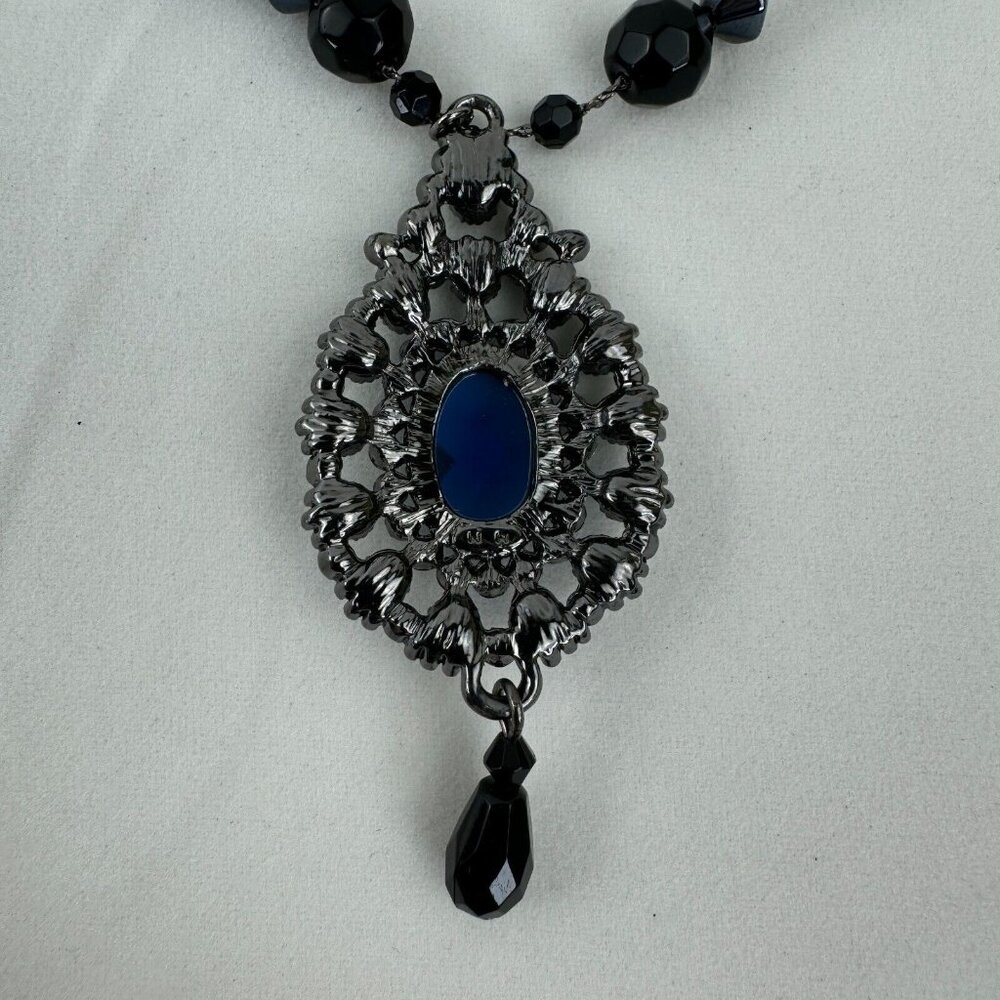 Vintage NR Pendant Necklace Dangle Earrings Set Gunmetal Midnight Blue Metallic - Picture 6 of 16